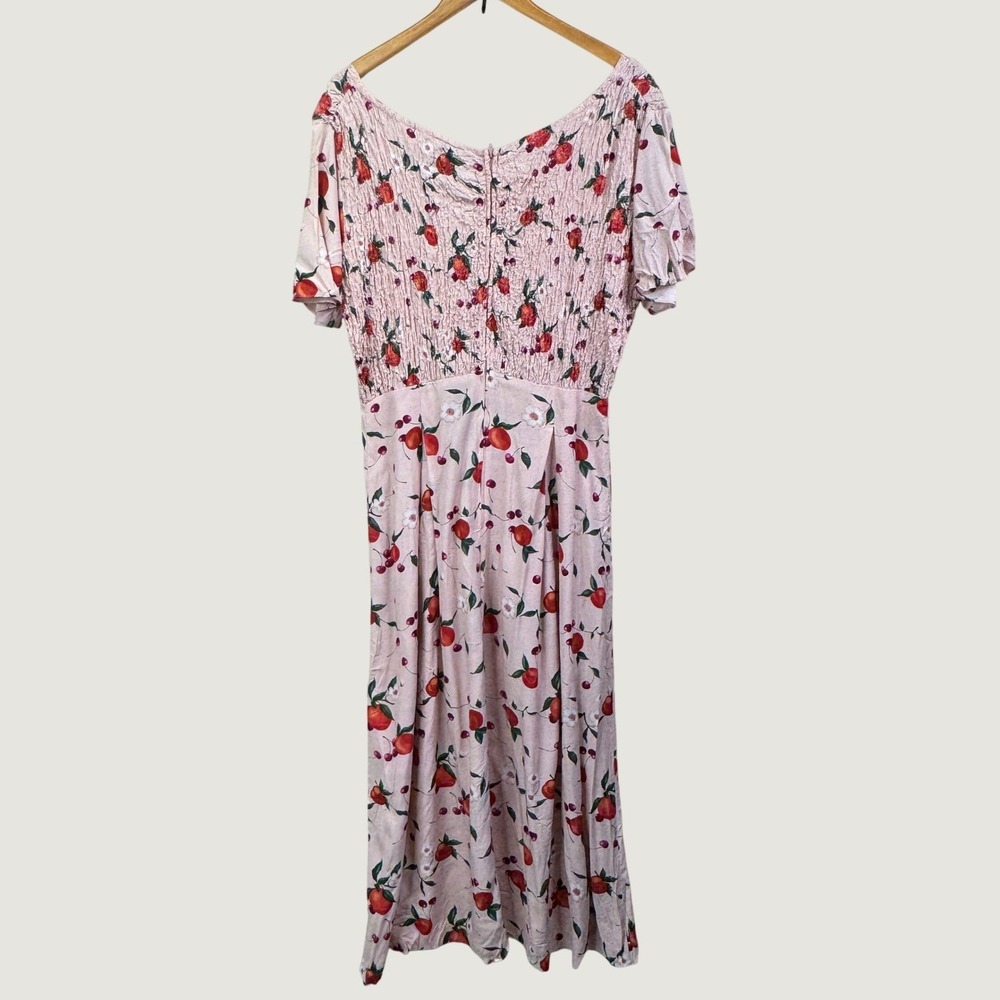 Jeffrey & Dara Vintage Cherry Print Smocked Midi Dress 8 Pink Cottagecore 90s - Picture 2 of 14